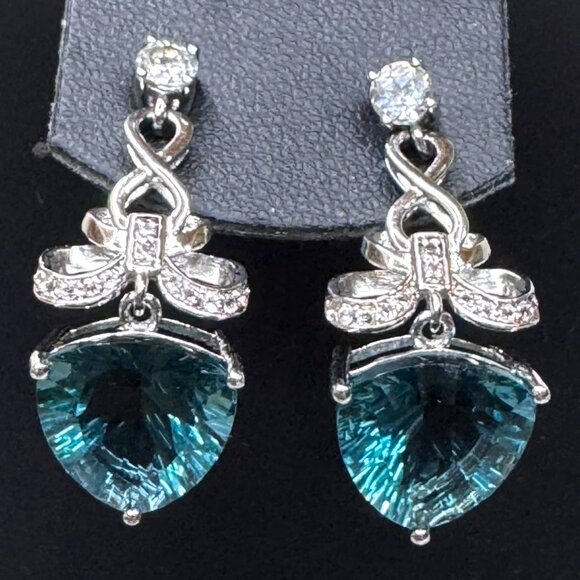 Sterling Silver DK Blue Topaz Elegant Bow Drop Earrings Statement Pierced Vtg - Picture 1 of 7